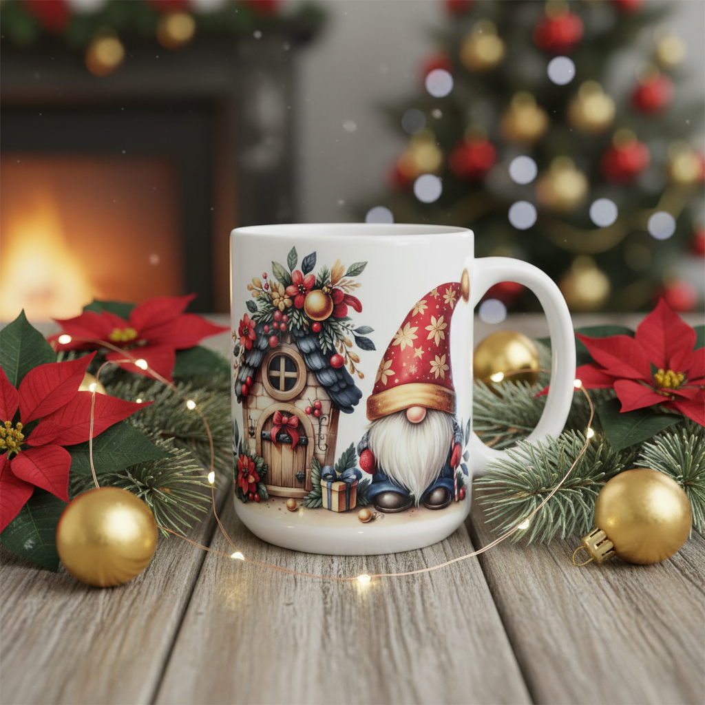 Flower Hat Gnome with Cottage - Rustic Christmas