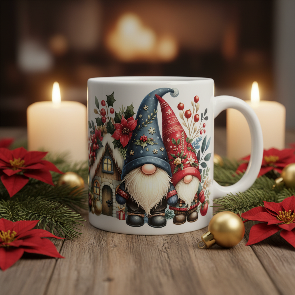 Gnome Pair by Cottage - Warm Christmas Scene