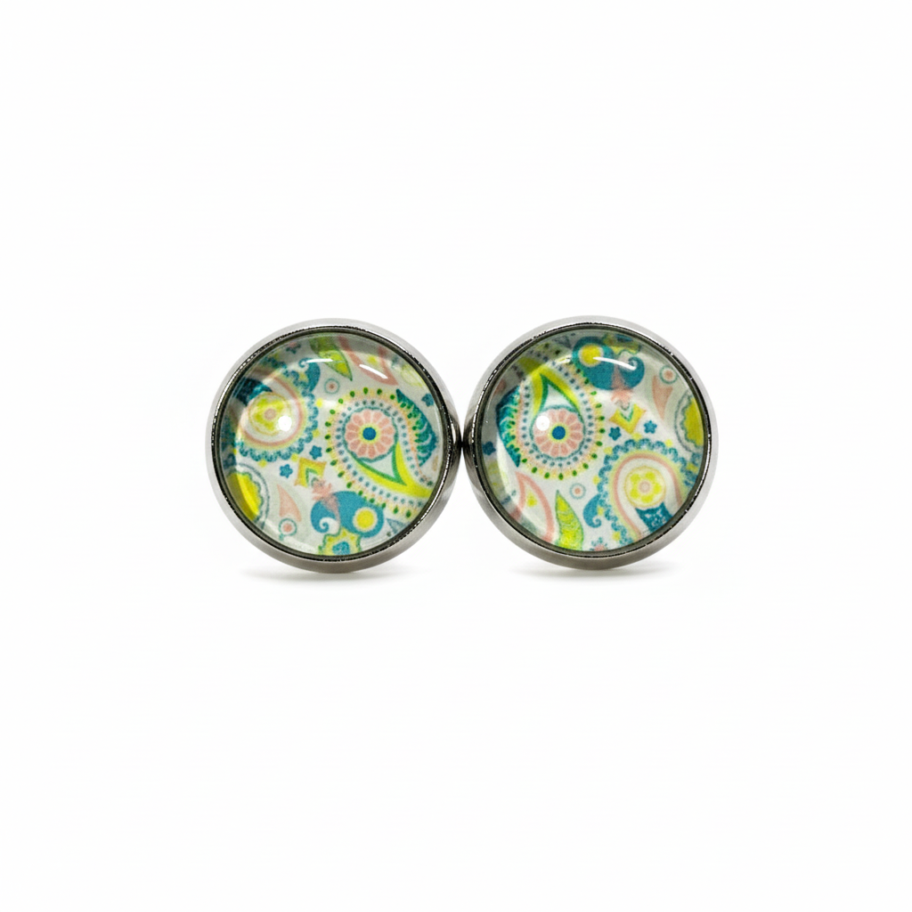 Green Paisley Stud Earrings - Vivid Colors