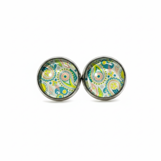 Green Paisley Stud Earrings - Vivid Colors