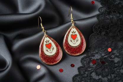 Heart Earrings with White Resin on Elegant Background