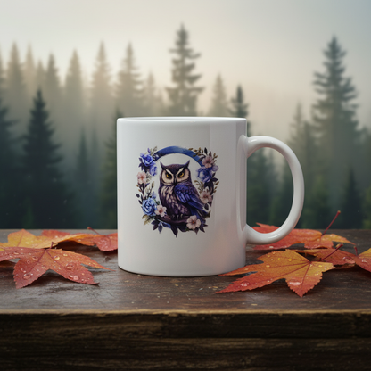 Nocturnal Wisdom Owl Mug - Floral Wreath Design (11oz)