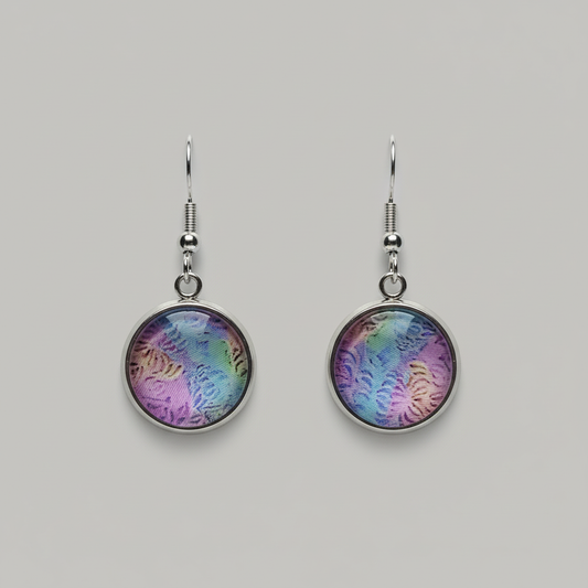 Iridescent Feather Circle Earrings - handcrafted holographic earrings with color-shifting feather pattern