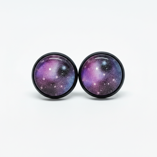 Purple galaxy stud earrings on white background