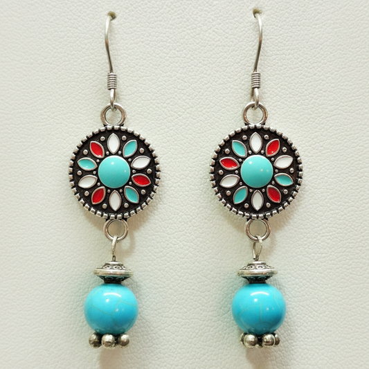 Turquoise Mandala Stone Dangle Earrings - silver mandala medallions with genuine turquoise stone beads