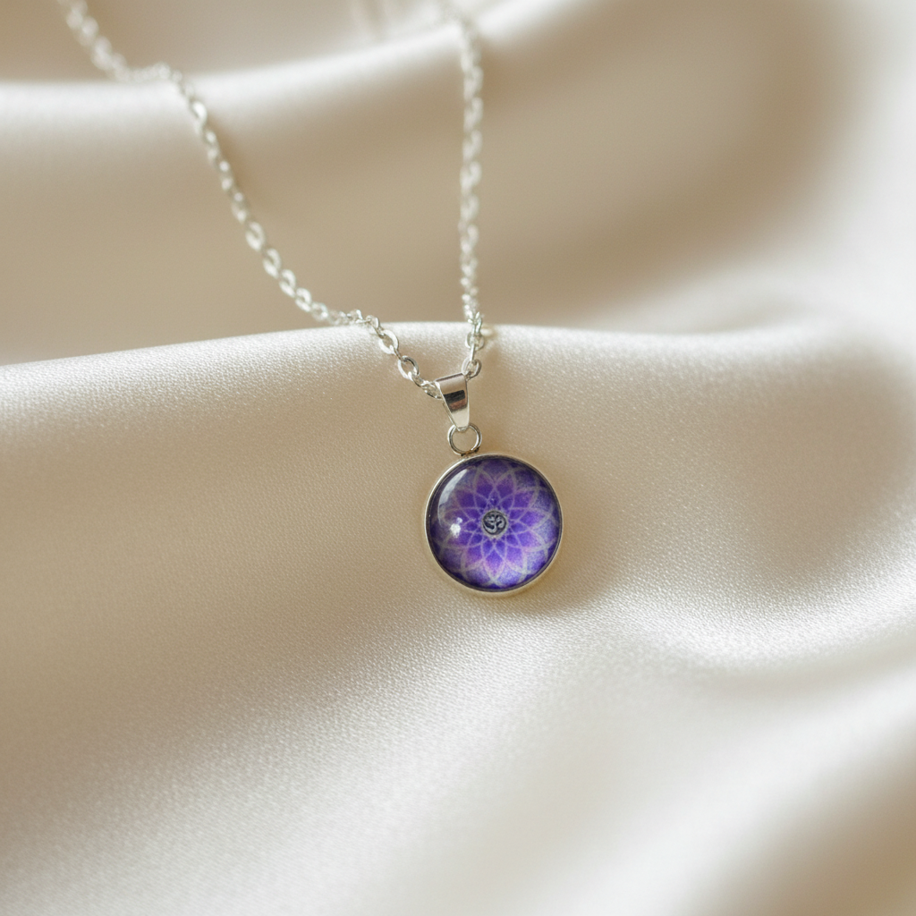 Close-up of glass dome cabochon purple Om mandala pendant on satin with chain