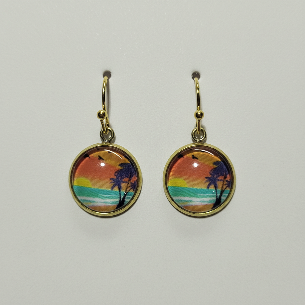 Tropical Sunset Beach Earrings - handcrafted earrings with palm trees and ocean sunset scene