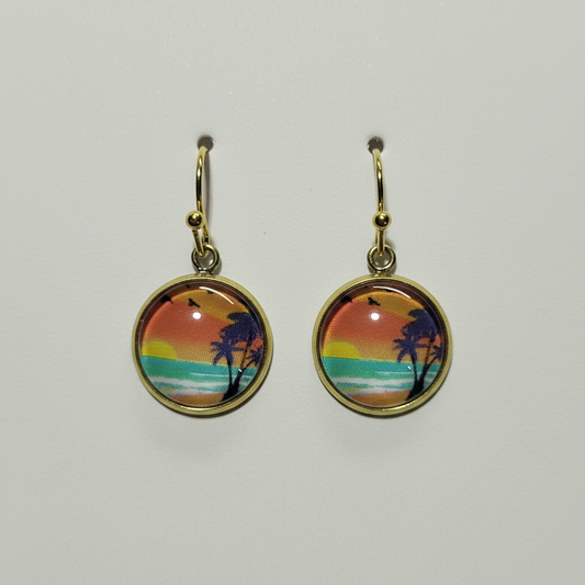Tropical Sunset Beach Earrings - handcrafted earrings with palm trees and ocean sunset scene