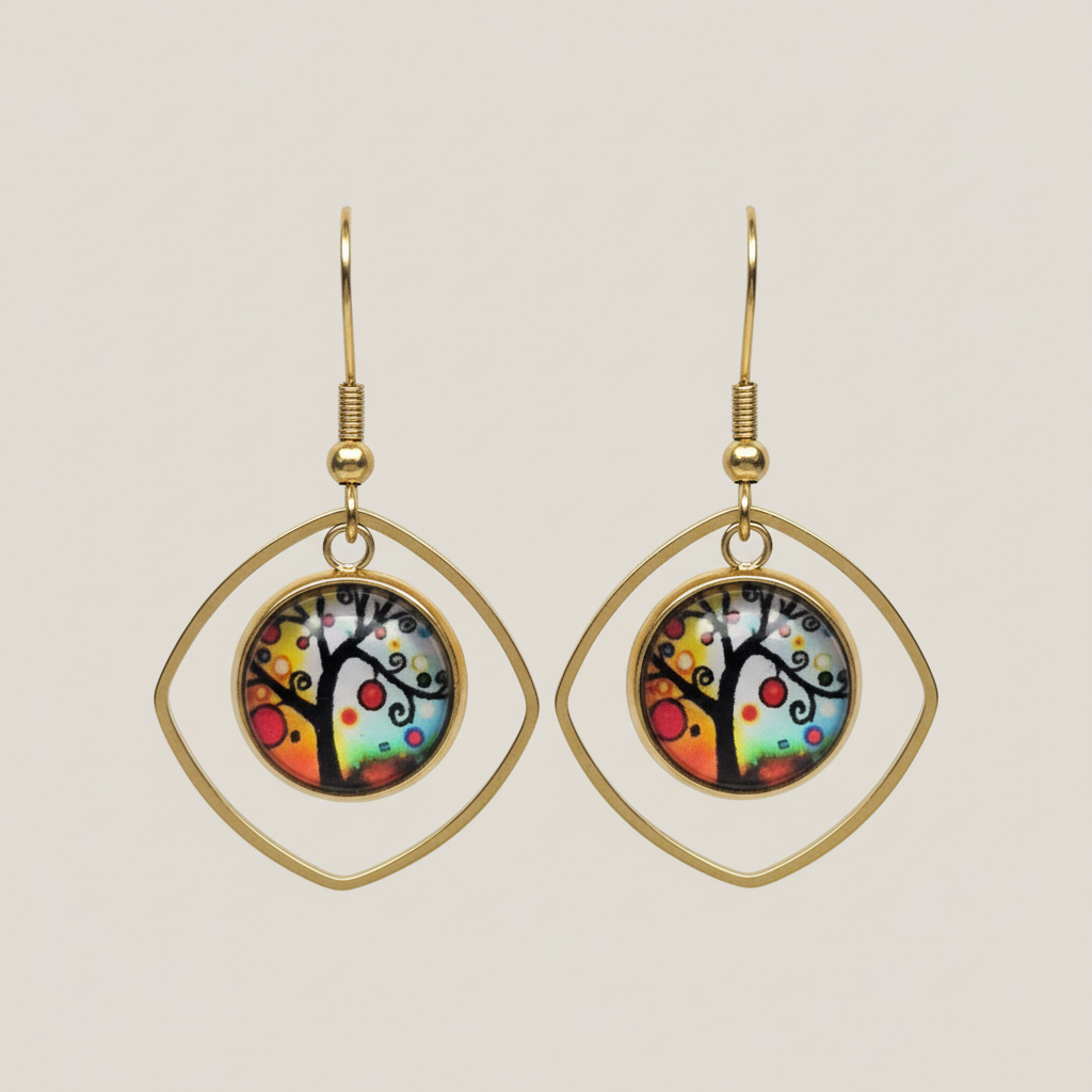 Colorful Tree of Life Dangle Earrings – Handmade Gold Curved Diamond Frame Symbolic Jewelry Gift for Her