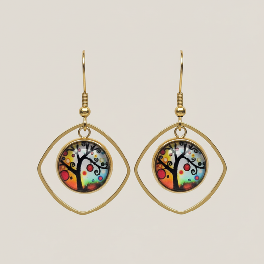 Colorful Tree of Life Dangle Earrings – Handmade Gold Curved Diamond Frame Symbolic Jewelry Gift for Her