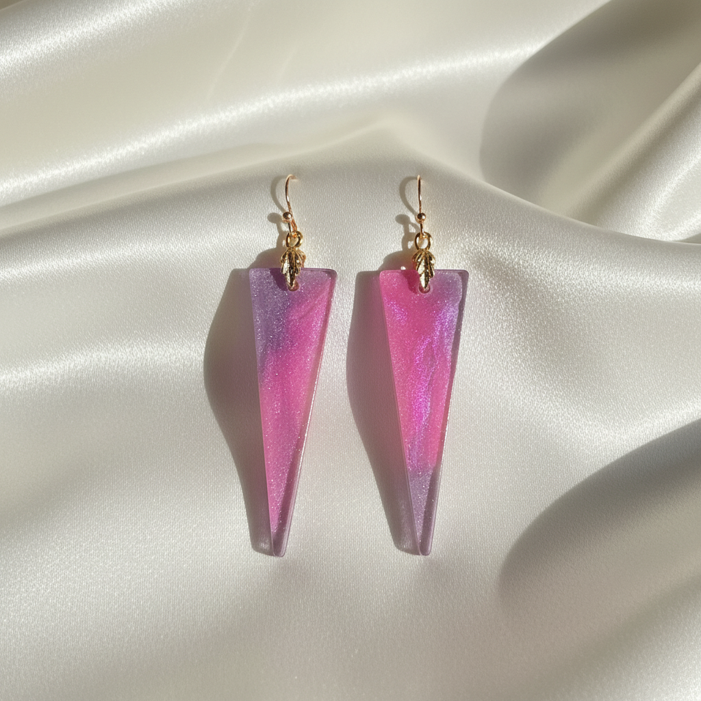 Lavender Blush Triangle Earrings - front view on silk