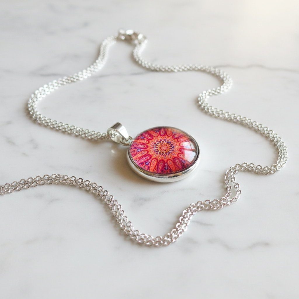 Red coral mandala petite pendant necklace angled view on marble surface