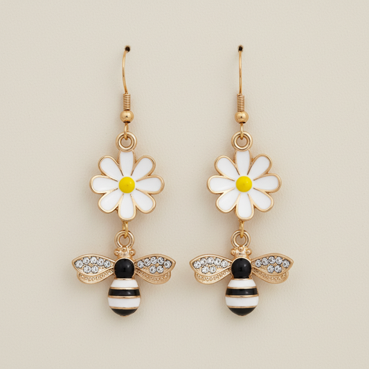 Daisy and Bee Dangle Earrings - whimsical white daisy flowers with sparkly rhinestone bee charms
