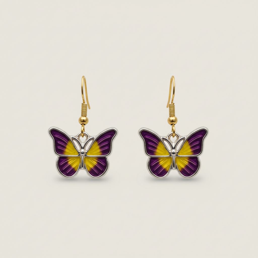 Purple and Yellow Butterfly Earrings - elegant enamel butterfly dangle earrings with gold hooks