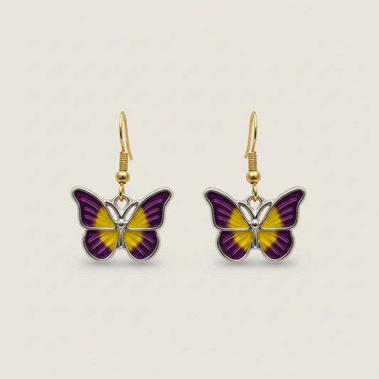Purple and Yellow Butterfly Earrings - elegant enamel butterfly dangle earrings with gold hooks