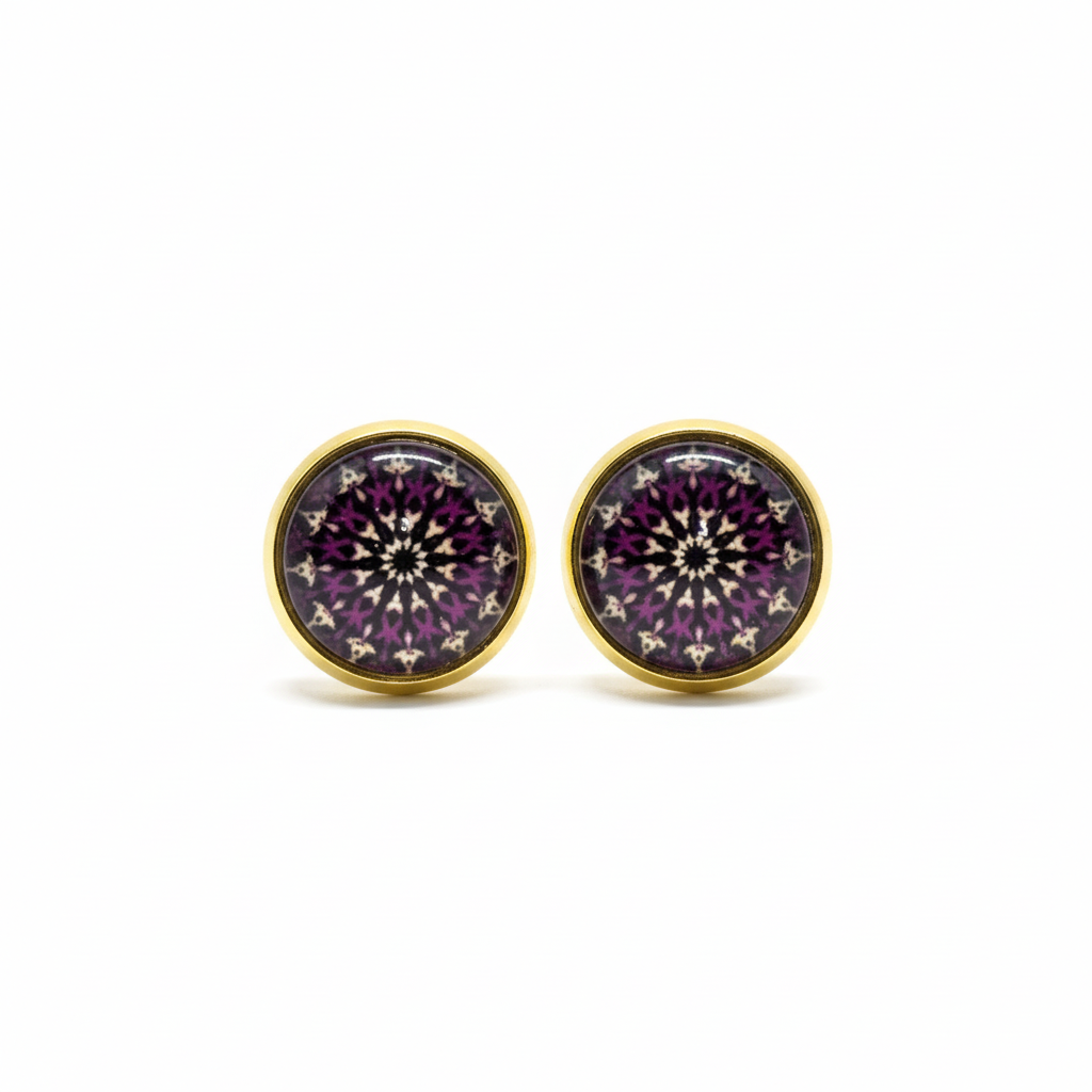 Purple mandala pattern stud earrings on white background