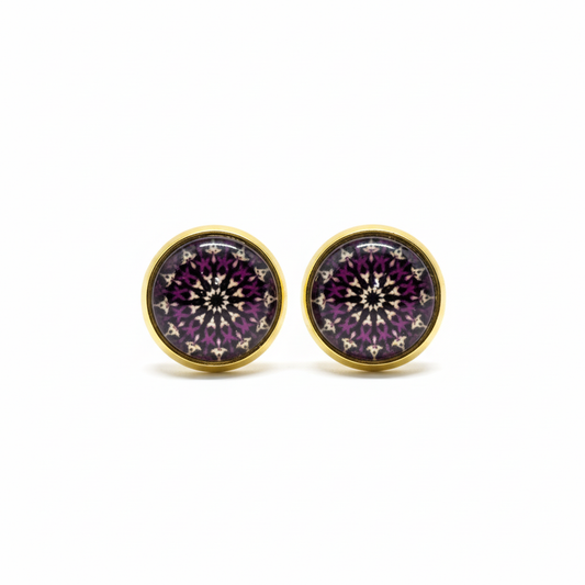 Purple mandala pattern stud earrings on white background