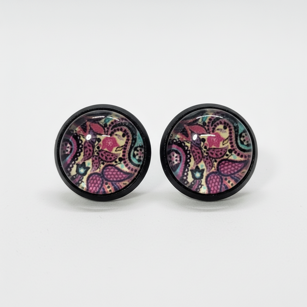 Floral paisley stud earrings with pink purple burgundy teal pattern in black bezels