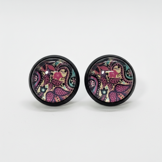 Floral paisley stud earrings with pink purple burgundy teal pattern in black bezels