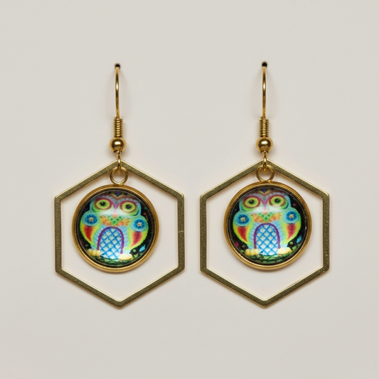Colorful Owl Hexagon Dangle Earrings – Handmade Gold Frame Whimsical Jewelry Gift for Owl Lovers