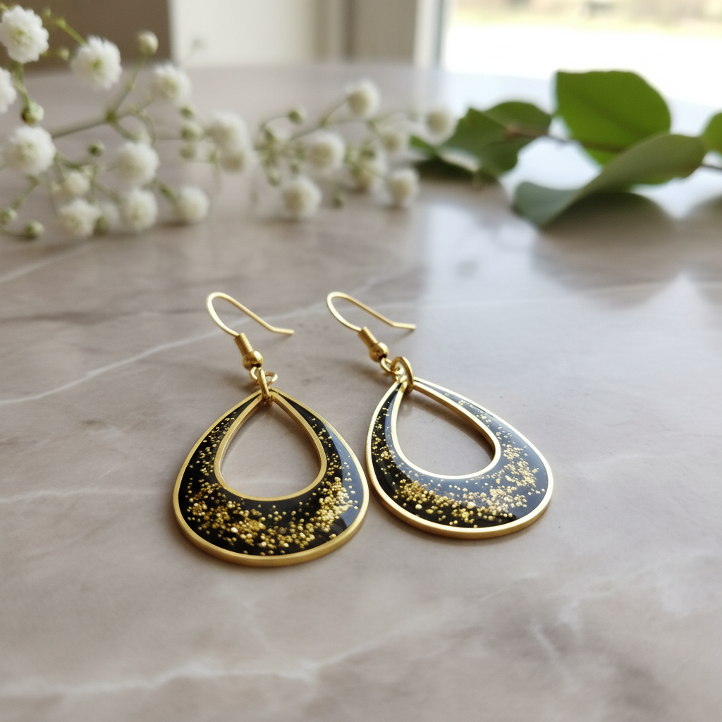 Golden Twilight Glitter Earrings - detail view with florals