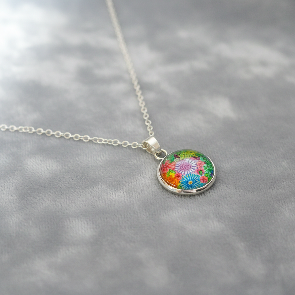 Angled view of petite vibrant floral garden pendant on velvet background