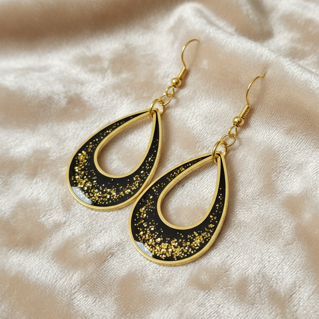 Golden Twilight Glitter Earrings - angled view on velvet