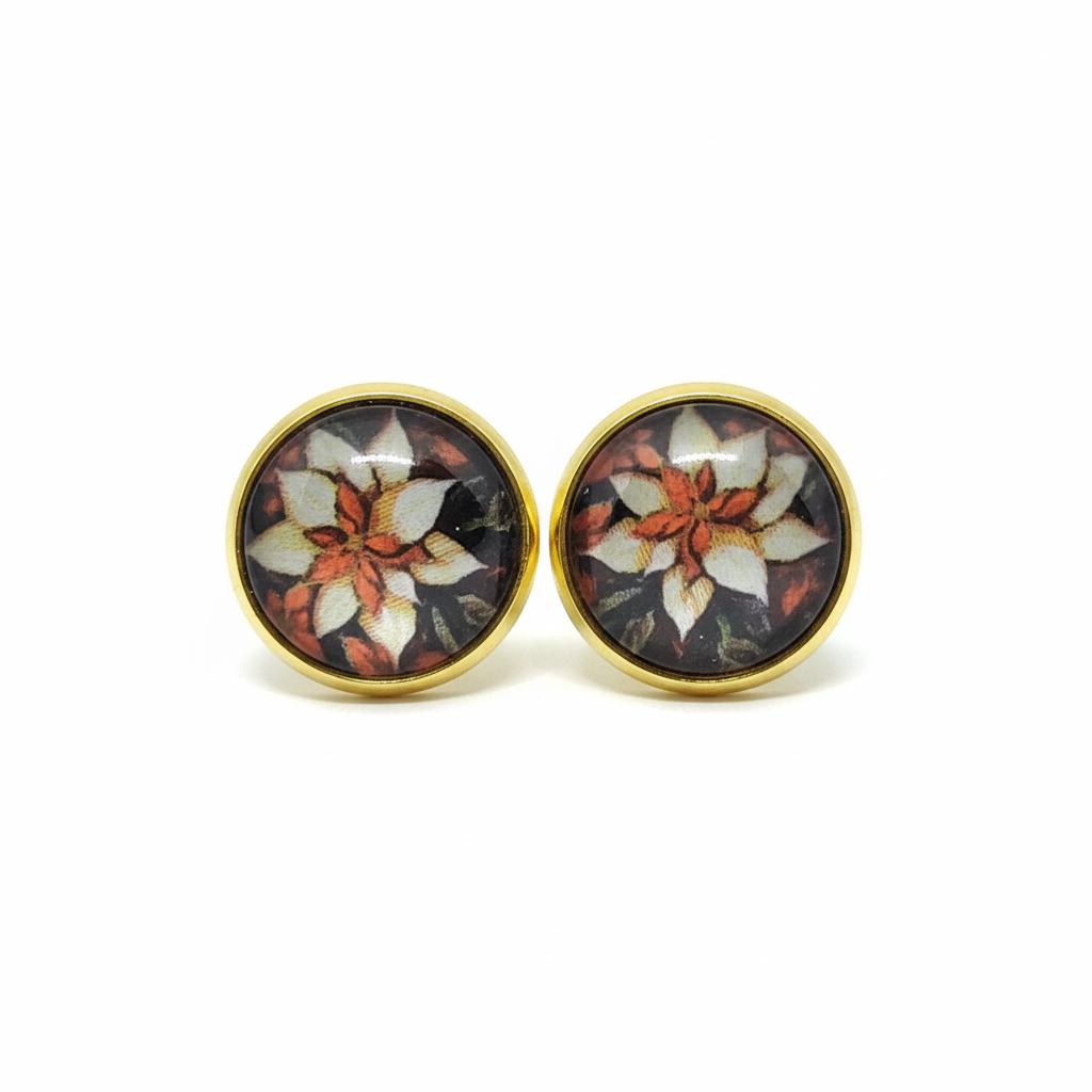 White floral noir stud earrings on white background
