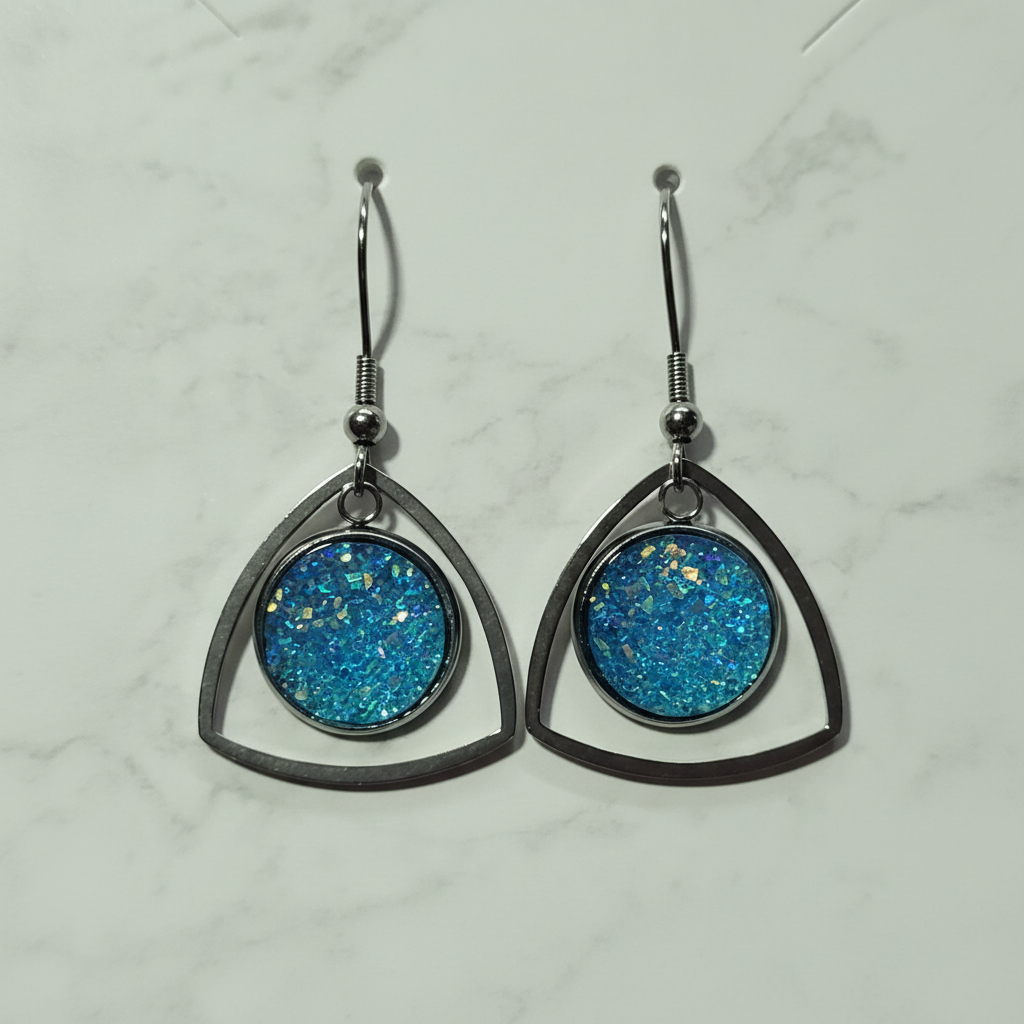 Ocean Sparkle Triangle Drop Earrings with blue glitter cabochons in gunmetal frames