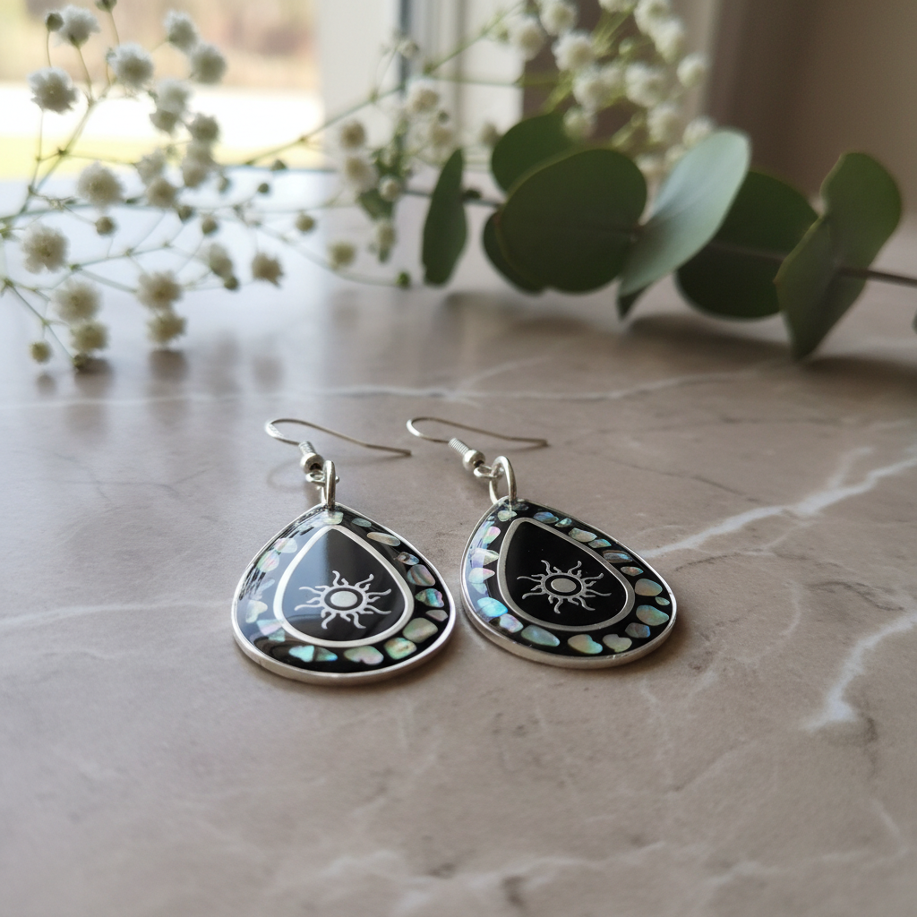 Midnight Sun Abalone Earrings - detail view with florals