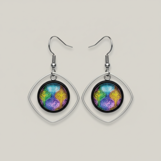 Rainbow Iridescent Diamond Frame Earrings - handcrafted holographic earrings with color-shifting rainbow pattern