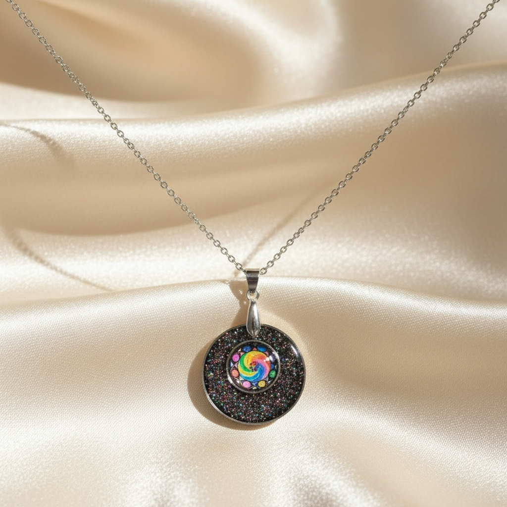 Black glitter pendant - overhead flat lay