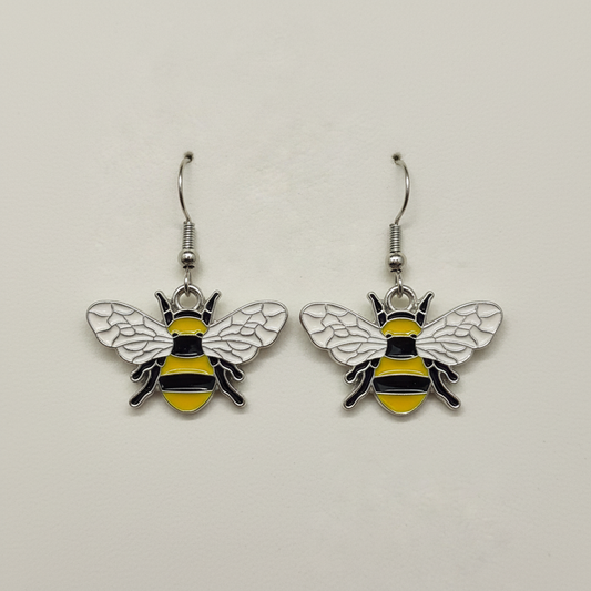 Charming Bumblebee Earrings - whimsical yellow and black bee dangle earrings with silver wings