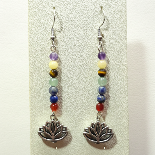 Seven Chakra Gemstone and Lotus Dangle Earrings - rainbow chakra stones with silver lotus flower charms