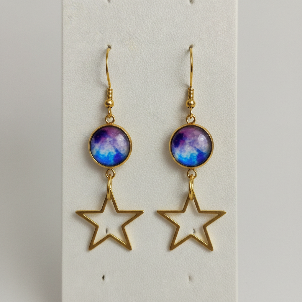 Galaxy Nebula and Star Dangle Earrings - purple and blue galaxy cabochons with gold star charms