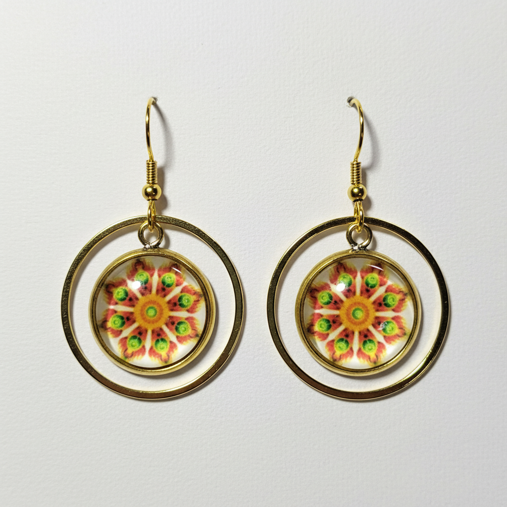 Mandala Medallion Hoop Earrings - handcrafted gold statement earrings with glass dome mandala design