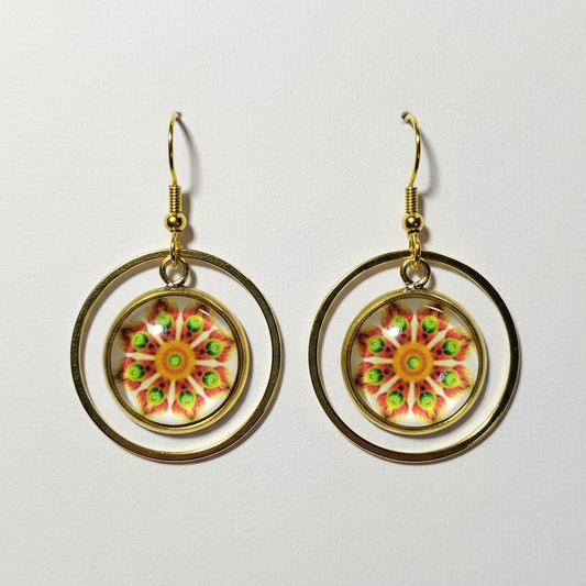 Mandala Medallion Hoop Earrings - handcrafted gold statement earrings with glass dome mandala design