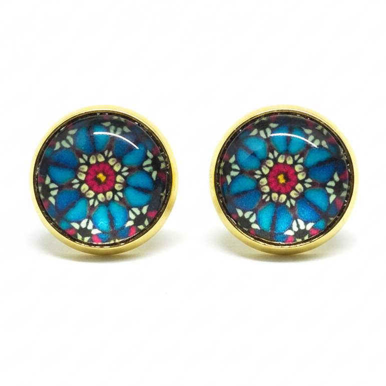 Blue Mandala Glass Cabochon Stud Earrings | 12mm Round Gold Bezel Boho Studs | Spiritual Jewelry