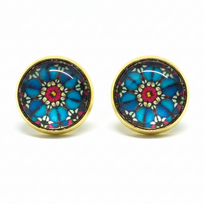 Blue Mandala Glass Cabochon Stud Earrings | 12mm Round Gold Bezel Boho Studs | Spiritual Jewelry