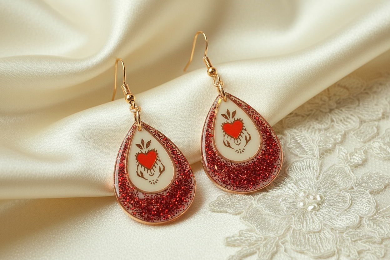 Sacred Heart Resin Earrings - Detail Shot