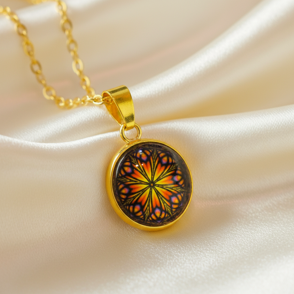 Close-up of glass dome cabochon butterfly mandala pendant on satin