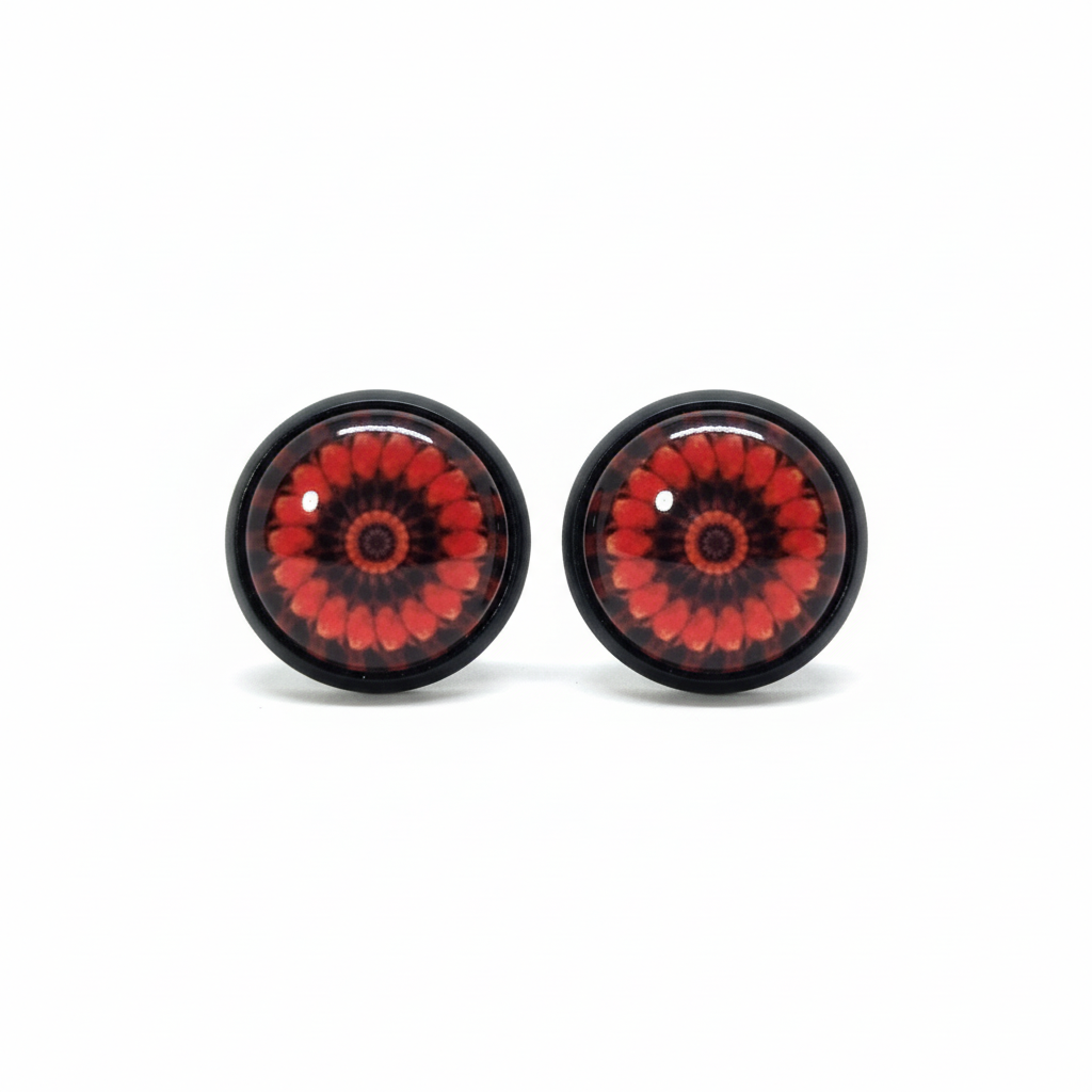 Red mandala flower stud earrings with concentric petals in black bezels