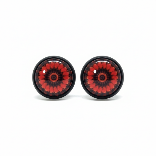 Red mandala flower stud earrings with concentric petals in black bezels