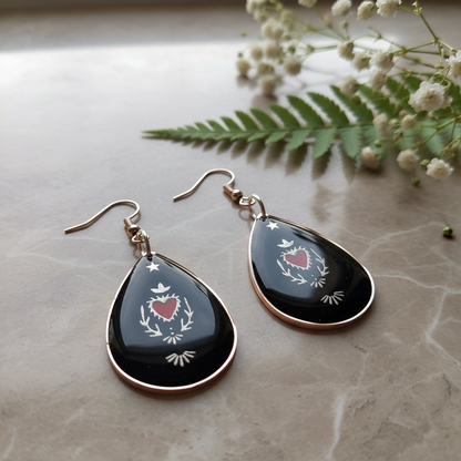 Sacred Heart Resin Earrings - detail view with florals