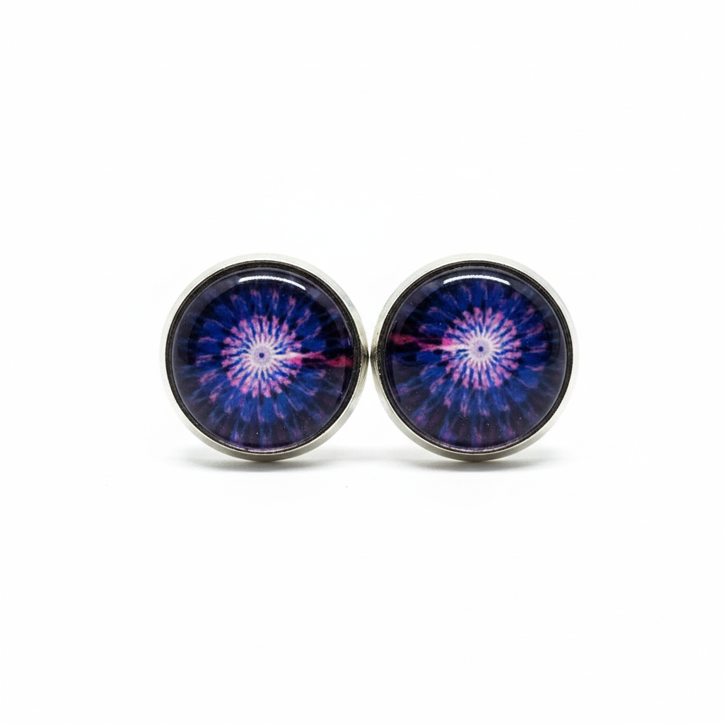 Galaxy starburst stud earrings with navy blue purple and pink cosmic design in silver bezels