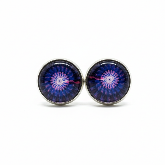 Galaxy starburst stud earrings with navy blue purple and pink cosmic design in silver bezels