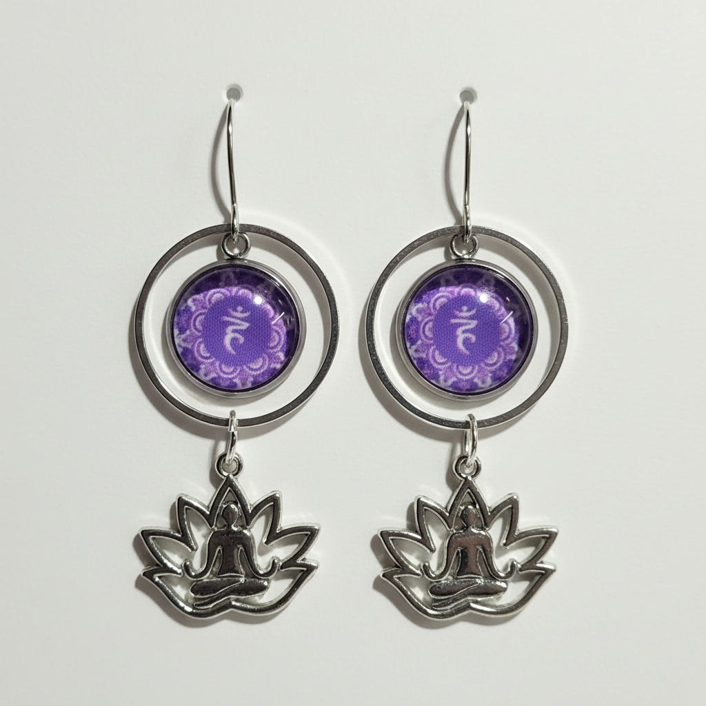 Purple Lotus Mandala Earrings - handcrafted spiritual dangle earrings with glass dome mandala and lotus charms