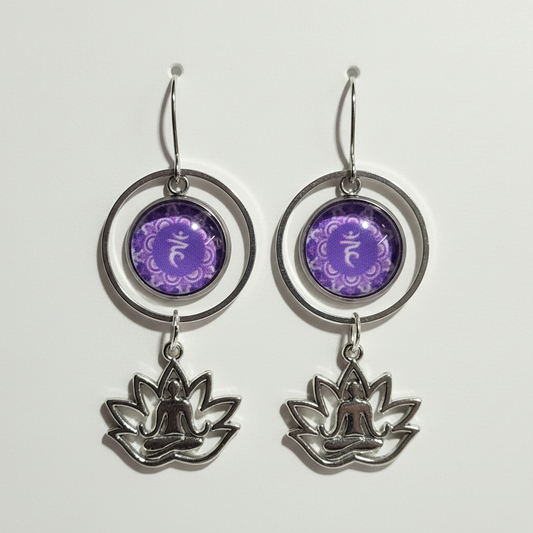 Purple Lotus Mandala Earrings - handcrafted spiritual dangle earrings with glass dome mandala and lotus charms