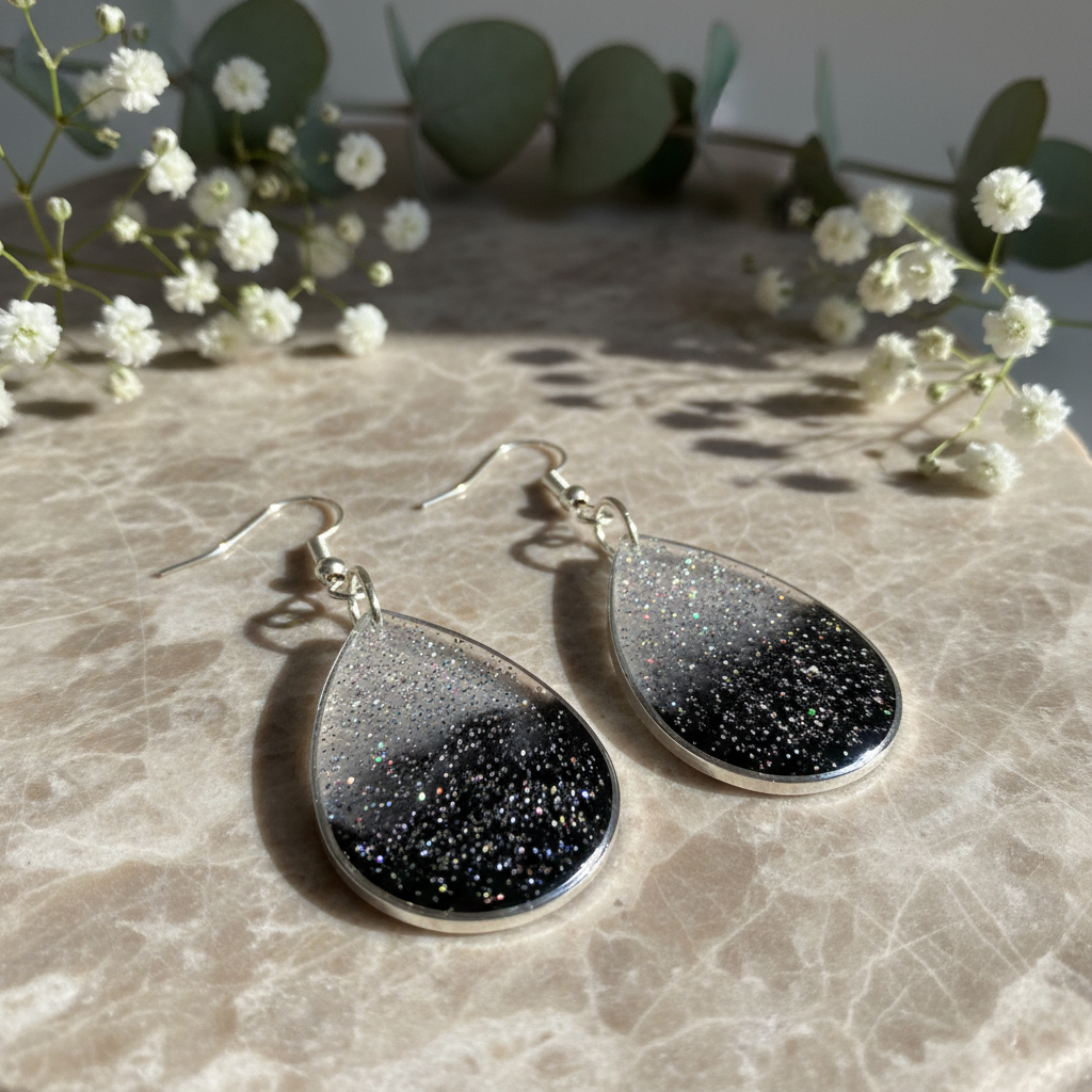 Midnight Ombre Glitter Earrings - detail view with florals