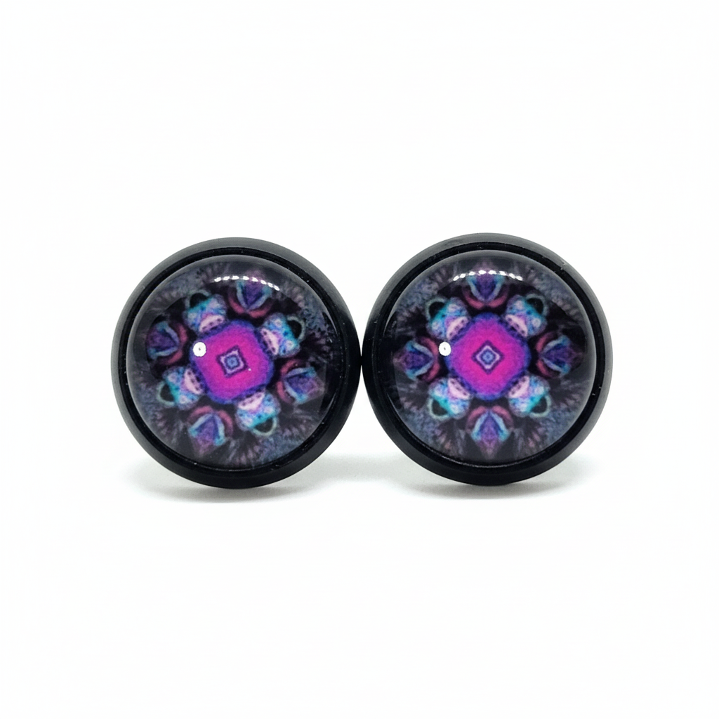 Mandala design stud earrings with magenta center and purple blue teal pattern in black bezels